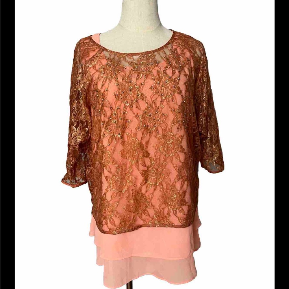 Embellished Lace Overlay Coral Blouse - Picture 5 of 9
